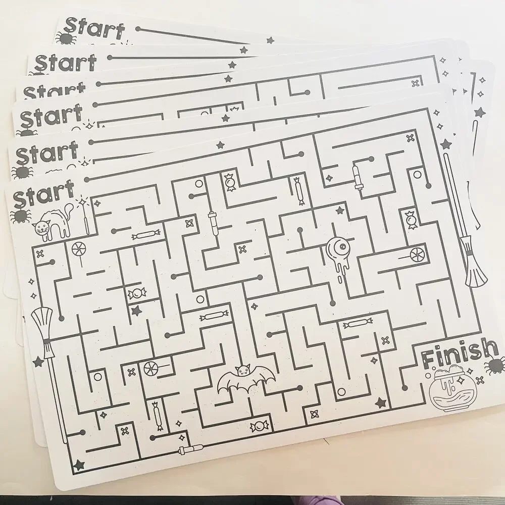 6 Holiday Home Halloween Maze Placemat For Kids, 19x13 Inches, White